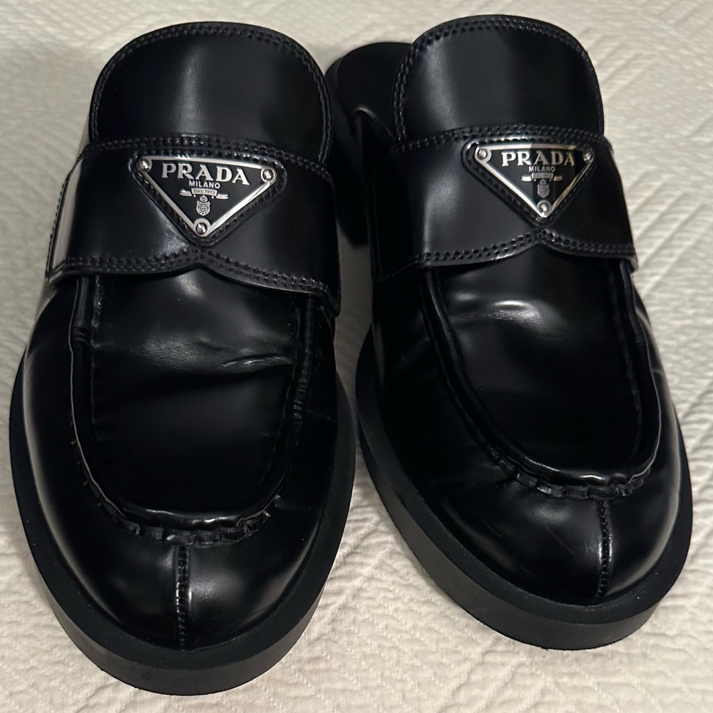 PRADA triangle loafer mules!